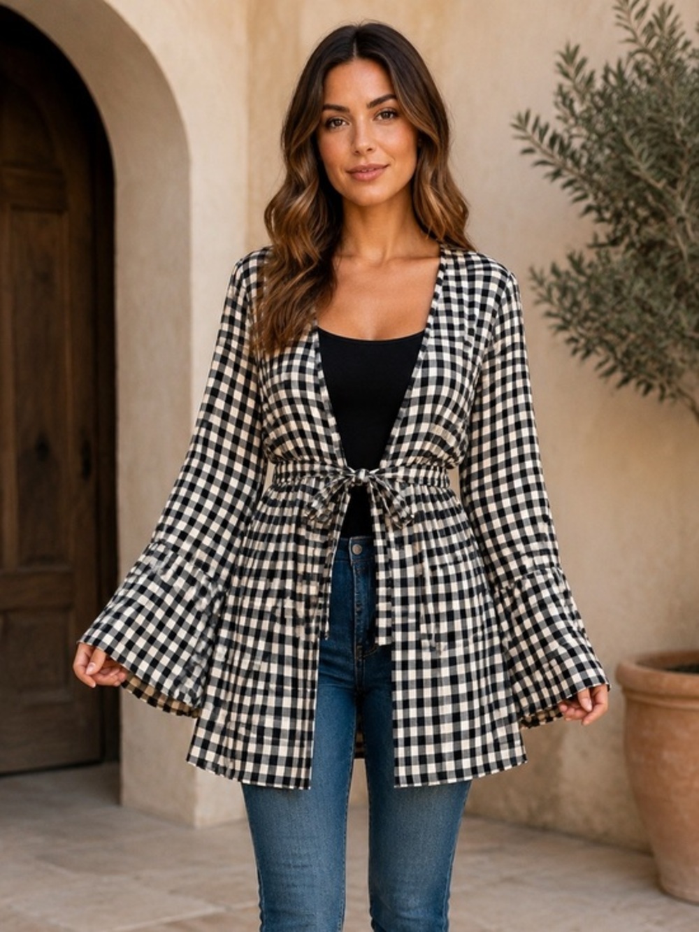 Jack by BB Dakota Black White Gingham Tie Front Bell Sleeve Cardigan XS